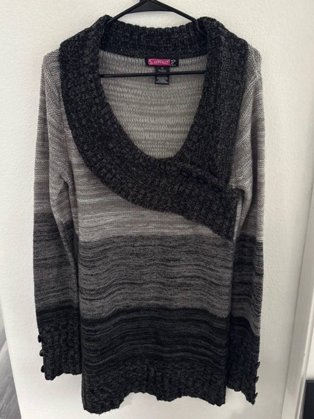 Say What? Gray Ombre V-Neck Sweater with Buttoned Shawl Collar - Picture 1 of 5